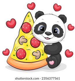 Cute cartoon panda with a big piece of pizza. Vector illustration of animal on a white background with red hearts.