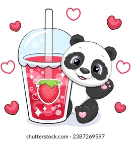 Panda de dibujos animados con una gran bebida de fresa. Ilustración vectorial de un animal y una taza de agua roja sobre un fondo blanco con corazones rojos.