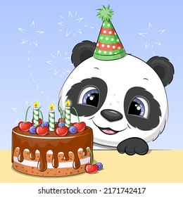 Cute cartoon panda with a birthday cake. Vector illustration of an animal on a blue background.