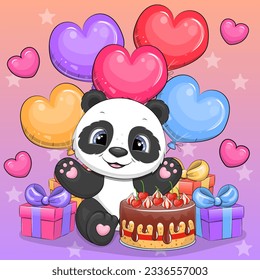 Cute cartoon panda with a birthday cake, gifts, balloons and hearts. Vector illustration of an animal on a pink and purple background.