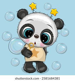 Cute cartoon Panda blow bubbles on a blue background