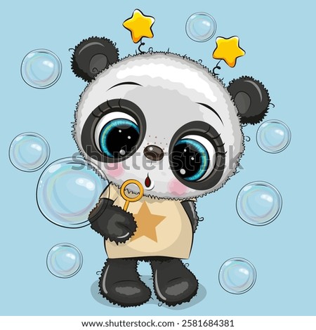 Cute cartoon Panda blow bubbles on a blue background