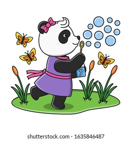 Cute cartoon panda blowing soap bubble vector illustration design