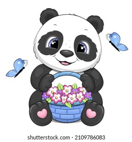 Cute cartoon panda with a blue basket of flowers and butterflies. Vector illustration of an animal on a white background.