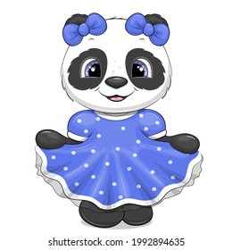 Cute cartoon panda with blue bows and a blue dress. Vector illustration of an animal on a white background.