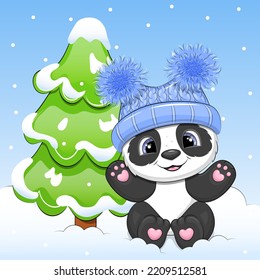 A cute cartoon panda in a blue hat sits next to the fir tree. Winter vector illustration of an animal on a blue background with snow.