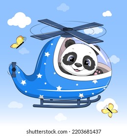 Cute cartoon panda in a blue helicopter. Vector illustration on a blue background with clouds and butterflies.