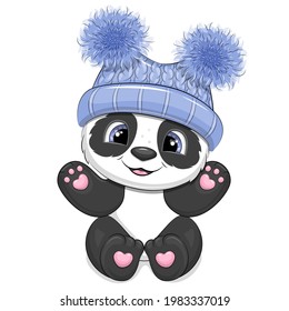 Cute cartoon panda in a blue warm hat. Vector illustration of an animal on a white background.