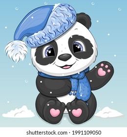 Cute cartoon panda with blue winter hat and scarf. Vector illustration of an animal on a blue background with snow.