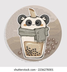 Cute Cartoon Panda Boba Milktea wearing Scarf for Winter Theme Vector Illustration