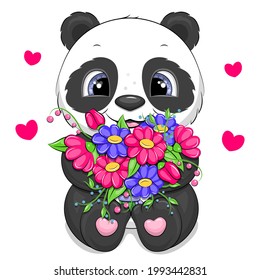 Cute cartoon panda with a bouquet of flowers. Vector illustration of an animal on a white background with hearts.