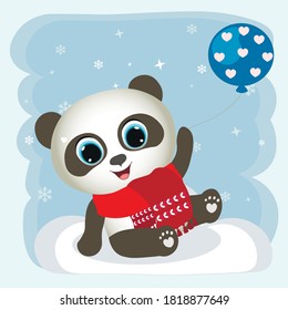 Cute Cartoon Panda boy with balloon . Perfect for greeting cards, party invitations, posters, stickers, pin, scrapbooking, icons. Vector illustration.