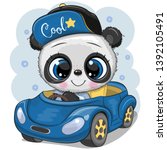 Cute Cartoon Panda boy in a cap goes on a Blue car