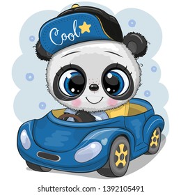 Cute Cartoon Panda boy in a cap goes on a Blue car