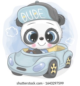 Cute Cartoon Panda Boy In A Cap Goes On A Blue Car