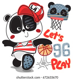 Cute cartoon panda boy wearing red cap playing basketball isolated on white background illustration vector, t-shirt graphic design.