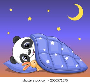 Cute cartoon panda with bunny toy sleeping under a blue blanket. Night vector illustration on blue background with stars and moon.