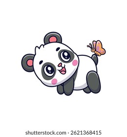 Cute Cartoon Panda With Butterfly Flying Together Illustration Icon Vector, Animals Nature, Cartoon Style Flat