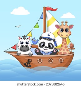 Cute Cartoon Panda Kapitän mit Giraffe und Zebra auf dem Schiff. Vektorgrafik auf blauem Hintergrund.