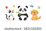 Cute cartoon panda cat and dog characters holding bamboo in a playful animal illustration.