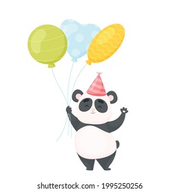 Cute cartoon panda character with air balloons. Birthday card. vector illustration 