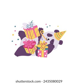 Cute cartoon panda character for birthday cards and prints, flat cartoon vector illustration isolated on white background. Funny panda bear with birthday gifts.