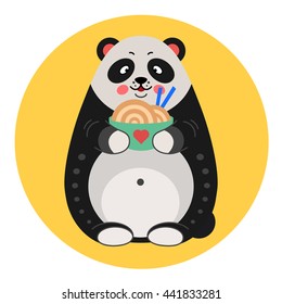 Cute cartoon panda character with bowl of rice, noodles and chopstick in yellow circle. Vector illustration.