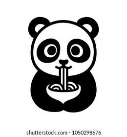Cute cartoon panda character eating noodles from bowl. Funny Chinese food illustration. Isolated black and white clip art drawing. svg