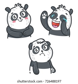 Cute cartoon Panda character as stickers: smiling, laughing, sad emotions