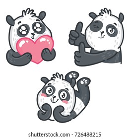 Cute cartoon Panda character as stickers: with big heart, thumbs up or like sign with wink, admire emotions