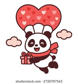 Un lindo chef panda de dibujos animados volando con un globo en forma de corazón mientras sostiene una caja de regalo. La ilustración expresa amor, felicidad y celebración, lo que la hace ideal para diseños de San Valentín, temas románticos, ilustraciones para niños, tarjetas de felicitación, pegatinas, marcas de regalos y gráficos de redes sociales.