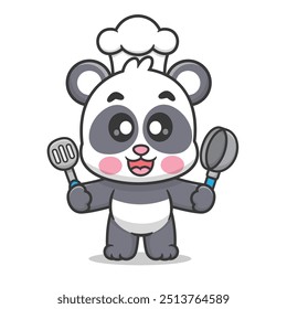 Cute Cartoon Panda Chef Holding a Pan and Spatula Isolated Illustration Icon Vector, Animals Food Cartoon Icon Premium Vector, Cartoon profession Style.