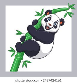 Cute cartoon panda climbing a bamboo tree