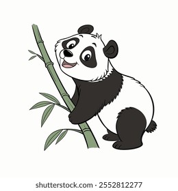 Cute cartoon panda clinging to a bamboo stalk