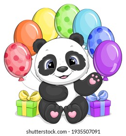 Cute cartoon panda with colorful balloons and gifts. Vector illustration isolated on white background.