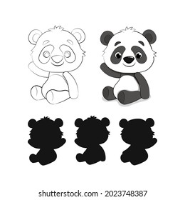 Cute cartoon Panda coloring page for kids. Find a shadow. Vector black line illustration.