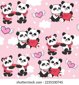 Cute cartoon panda couple concept for valentine's day and birthday with heart on a pink background seamless pattern. Vector cartoon illustration in kawaii style