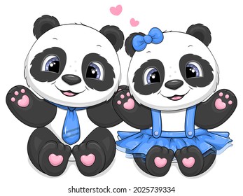 Una pareja de pandas de dibujos animados. Ilustración vectorial de los animales sobre un fondo blanco.