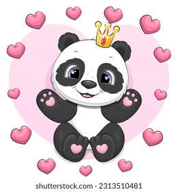 Cute cartoon panda with a crown. Vector illustration of an animal on a pink background with a frame of hearts.