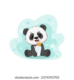 Cute cartoon panda cub on a blue background. Panda bear with a bottle of milk. Vector illustration
