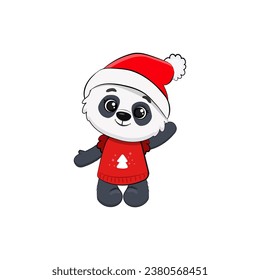 Cute cartoon panda cub for your design. Christmas panda wearing santa claus hat. Vector illustration