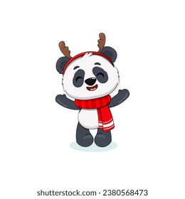 Cute cartoon panda cub for your design. Christmas panda bear in a red scarf. Vector illustration