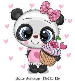 Cute Cartoon Panda With Cupcake On A Hearts Background