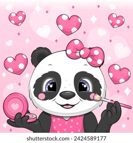 Nette Cartoon Panda do Make-up. Vektor-Illustration des Tieres mit erröten und pinseln auf rosa Hintergrund und Herz.