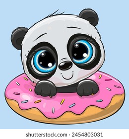 Cute Cartoon Panda with donut on a blue bakground