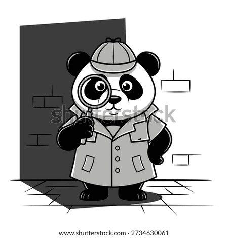 Cute cartoon panda dressed as a detective, holding a magnifying glass and wearing a trench coat and hat, looking for clues.
