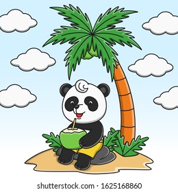Cute cartoon panda drinking coconut water vector illustration design