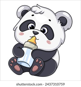 Cute cartoon panda drinking milk
