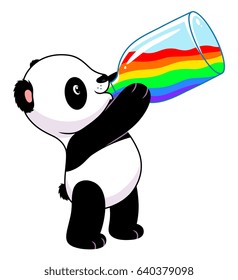 Cute cartoon panda drinks a bottle of rainbow. Cartoon panda series. 