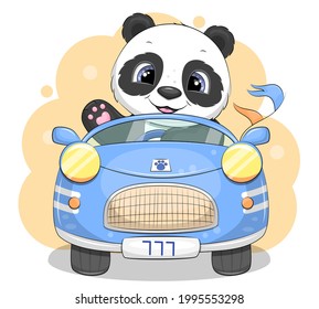 Un panda de dibujos animados lindo conduce un auto azul. Ilustración vectorial de un animal.